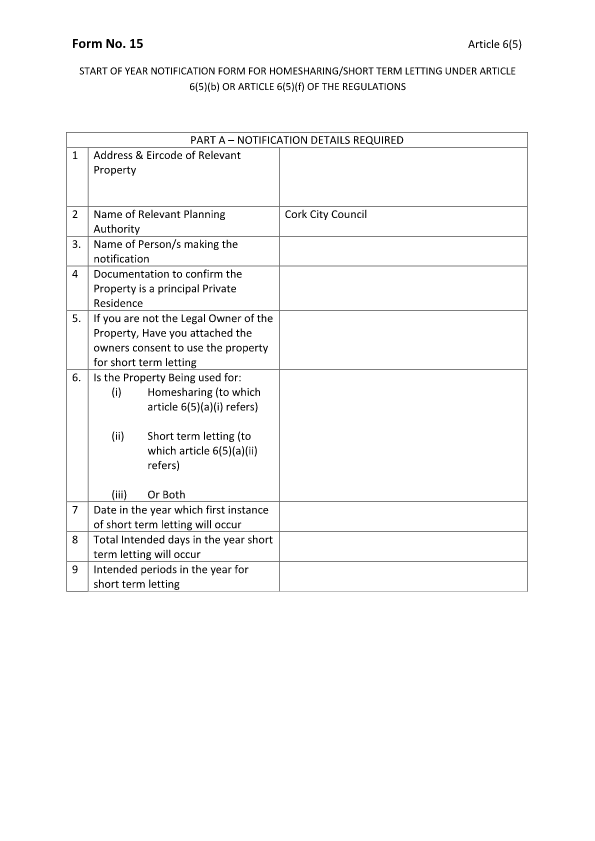 Form 15 Start of Year Notification