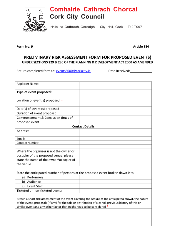 Outdoor Event Licence Preliminary Risk Assessment Form 9