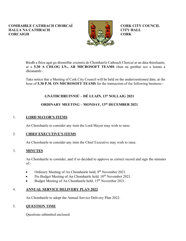 13-12-2021 - Agenda - Council Meeting