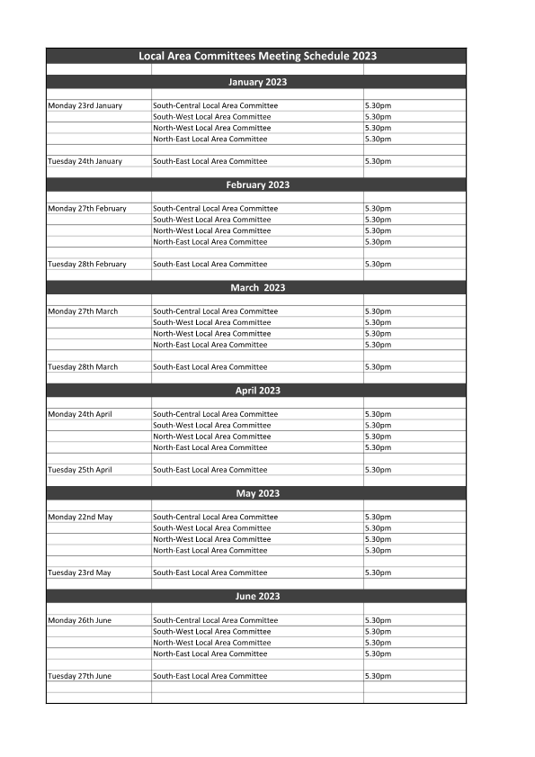 Local Area Committees Meeting Schedule 2023