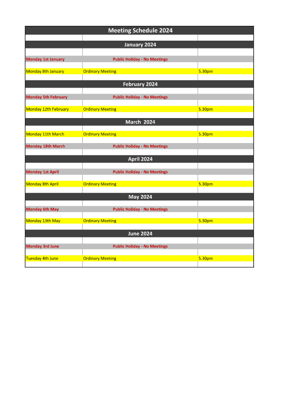 Meeting Schedule January - June 2024