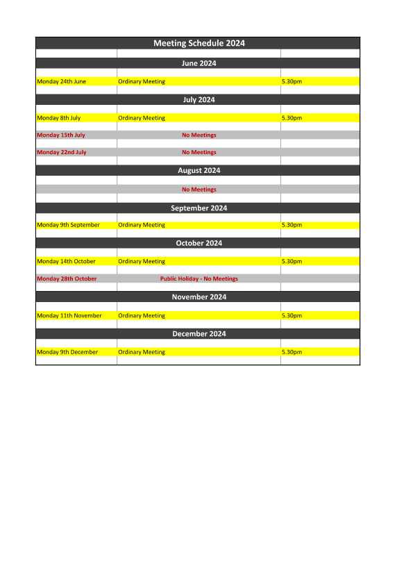 Meeting Schedule June - December 2024