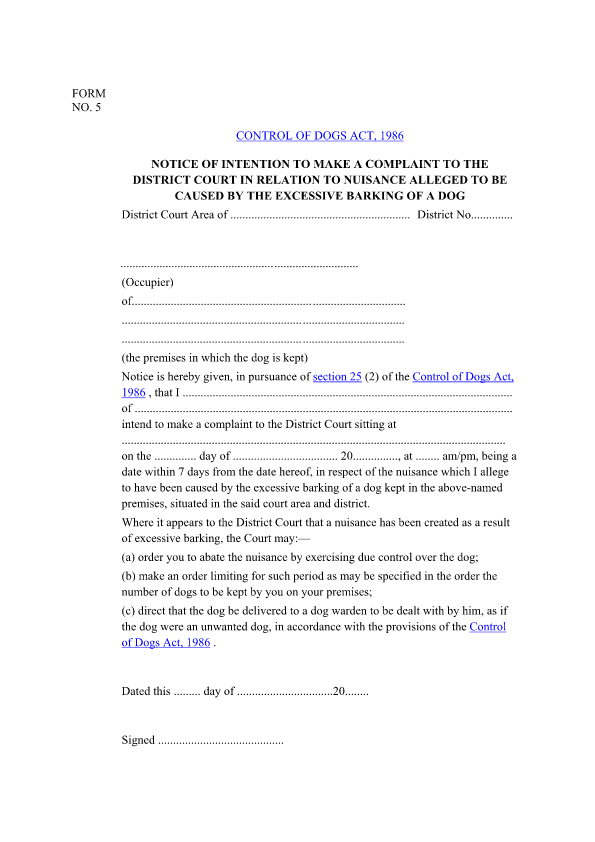 Barking Dogs Complaint Form