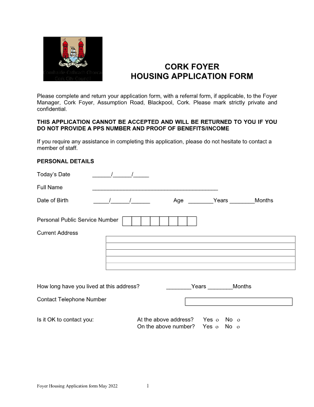 Cork Foyer Housing Application Form 